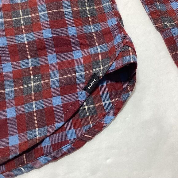 Prana Los Feliz Flannel Shirt Mens S Slim Fit Red Blue Plaid Rhubarb NWT - Picture 5 of 12